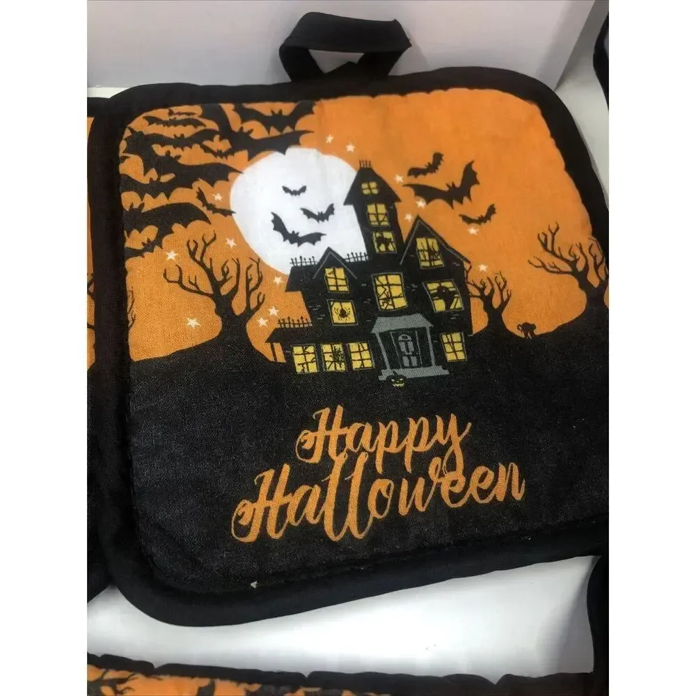 Halloween Kitchen Seat Haunted House 3 Pieces Oven Mitt, Hot Pads